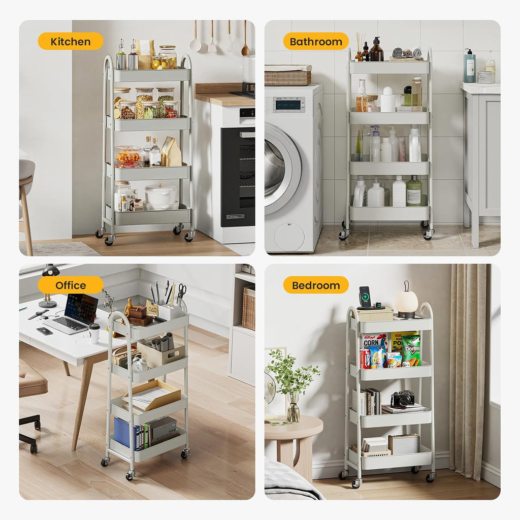 DUMOS 4 Tiers Metal Rolling Utility Cart with Lockable Wheels, Mobile Storage Organizer, Utility Shelving Unit for Kitchen, Office, Bathroom, Laundry, Narrow Places, White