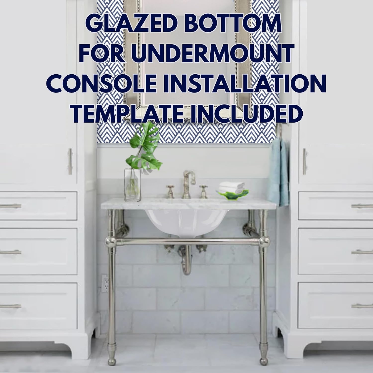 Nantucket Sinks GB-17x14-W Undermount Bathroom Sink – 17"x14" Oval White Bowl Bath Vanity Sink, Glazed Bottom for Open Console, w Overflow – Ceramic, High Gloss, Stain & Scratch Resistant