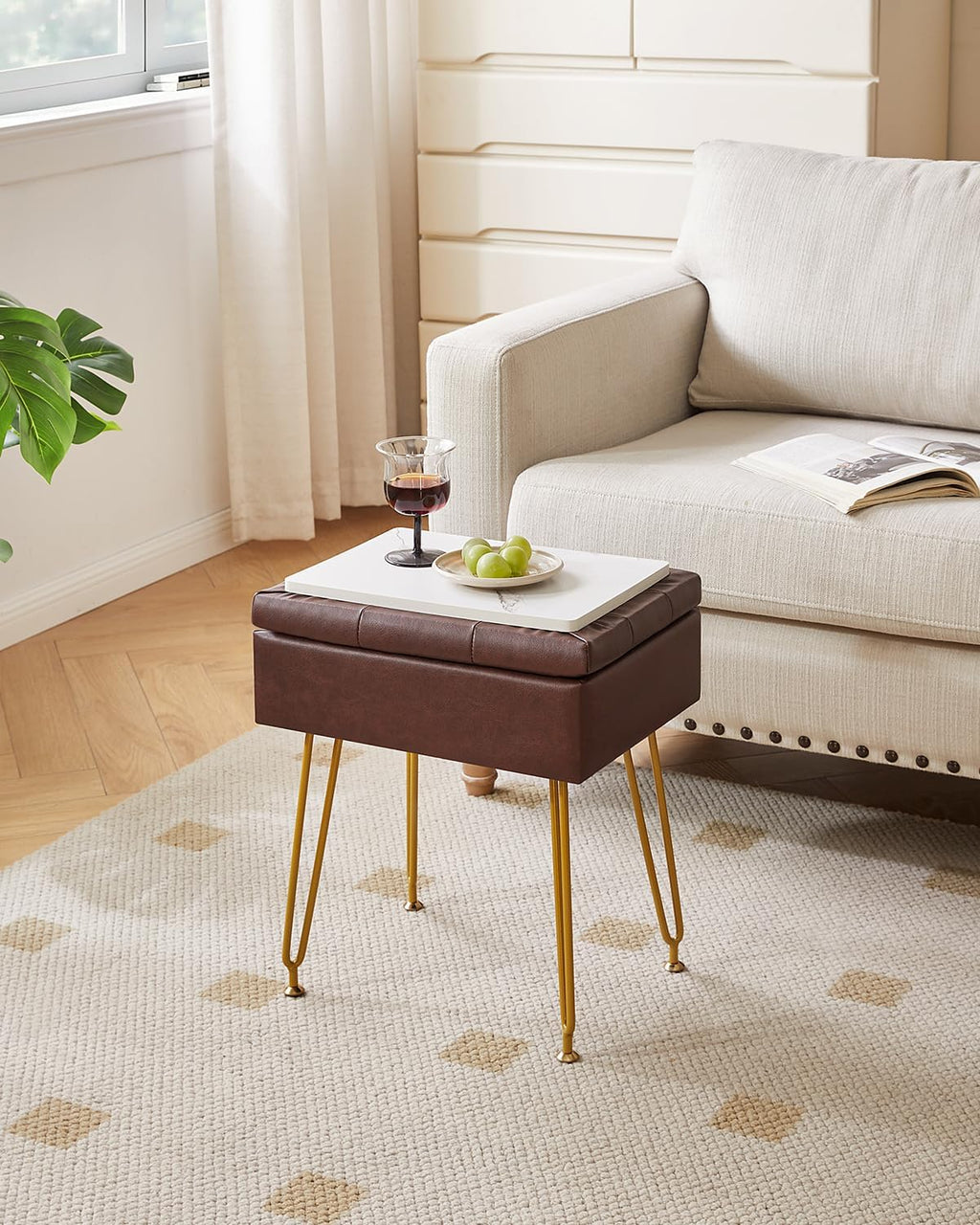 IBUYKE Multifunctional Storage Vanity Stool with Flip Tabletop, Adjustable Metal Legs & PU Leather, 40x30x48cm, Ottoman Footrest for Makeup, Living Room, Entryway, Brown WBD014Z