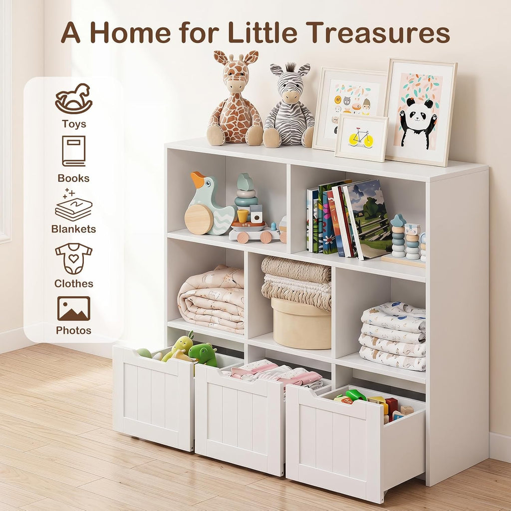 Olakids Toy Storage Organizer, Wooden Kids Bookshelf with Hidden Wheels 3 Movable Drawers 5 Open Cubbies, Large Toddler Chest for Playroom Classroom