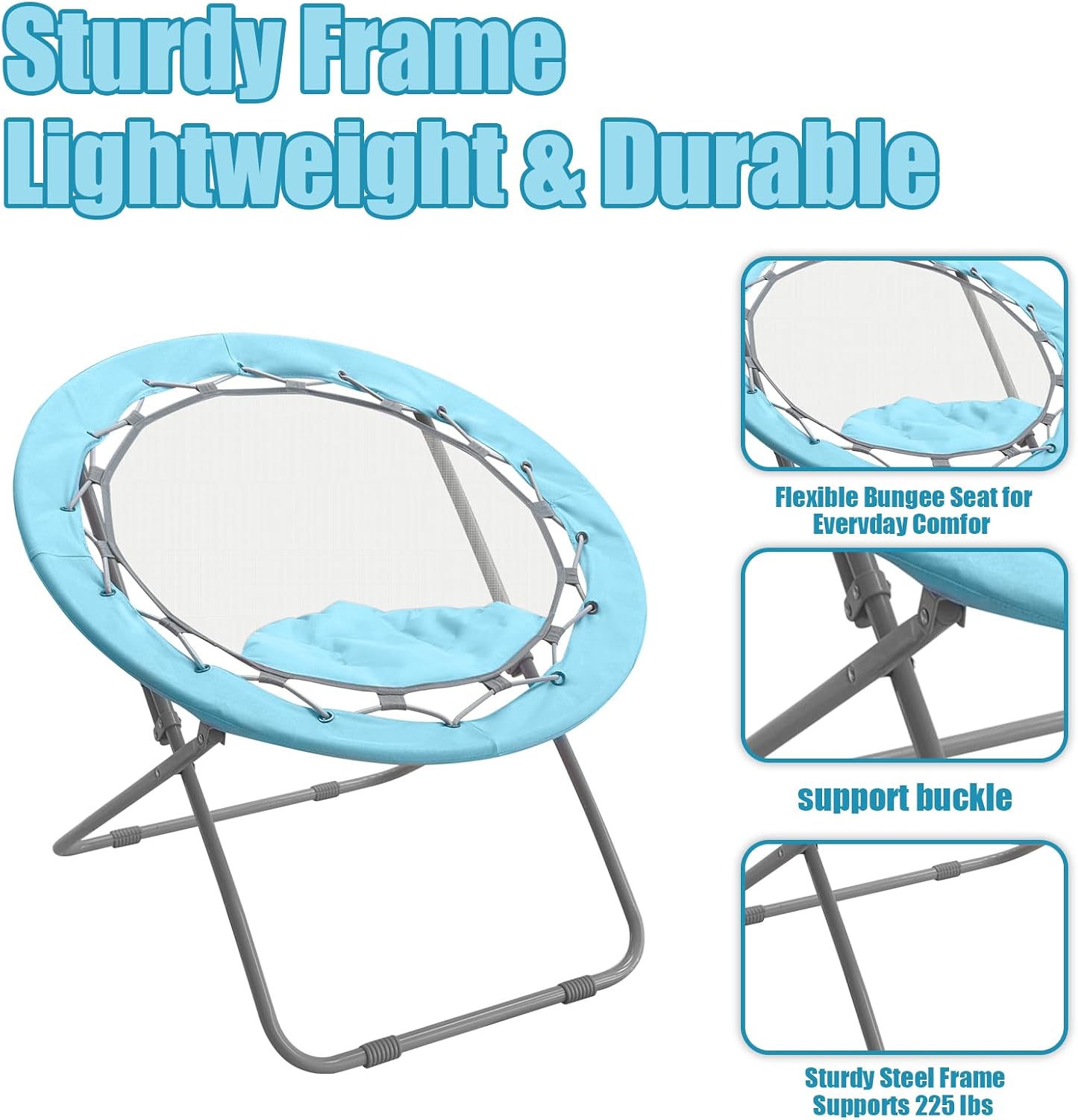 Bungee Chair, Portable Bouncy Lightweight Round Folding Dish Chair for Adults - Perfect for Dorm, Bedroom, Game Room, Patio & Indoor/Outdoor Use (Blue)