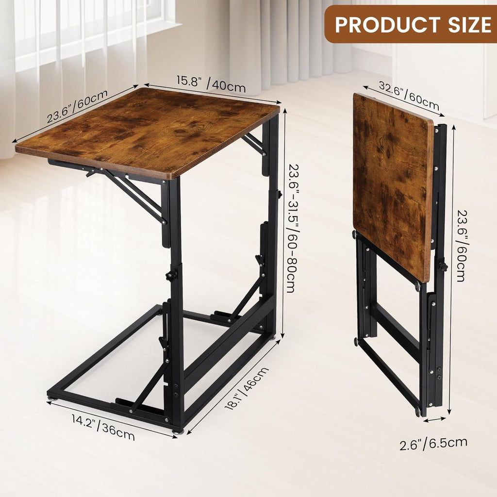 Folding Side Table, Adjustable C-Shaped End Table for Couch, Metal Frame TV Tray Table for Sofa Living Bedroom Bedside Coffee Small Spaces (Brown, 23.6" L x 15.8" W)