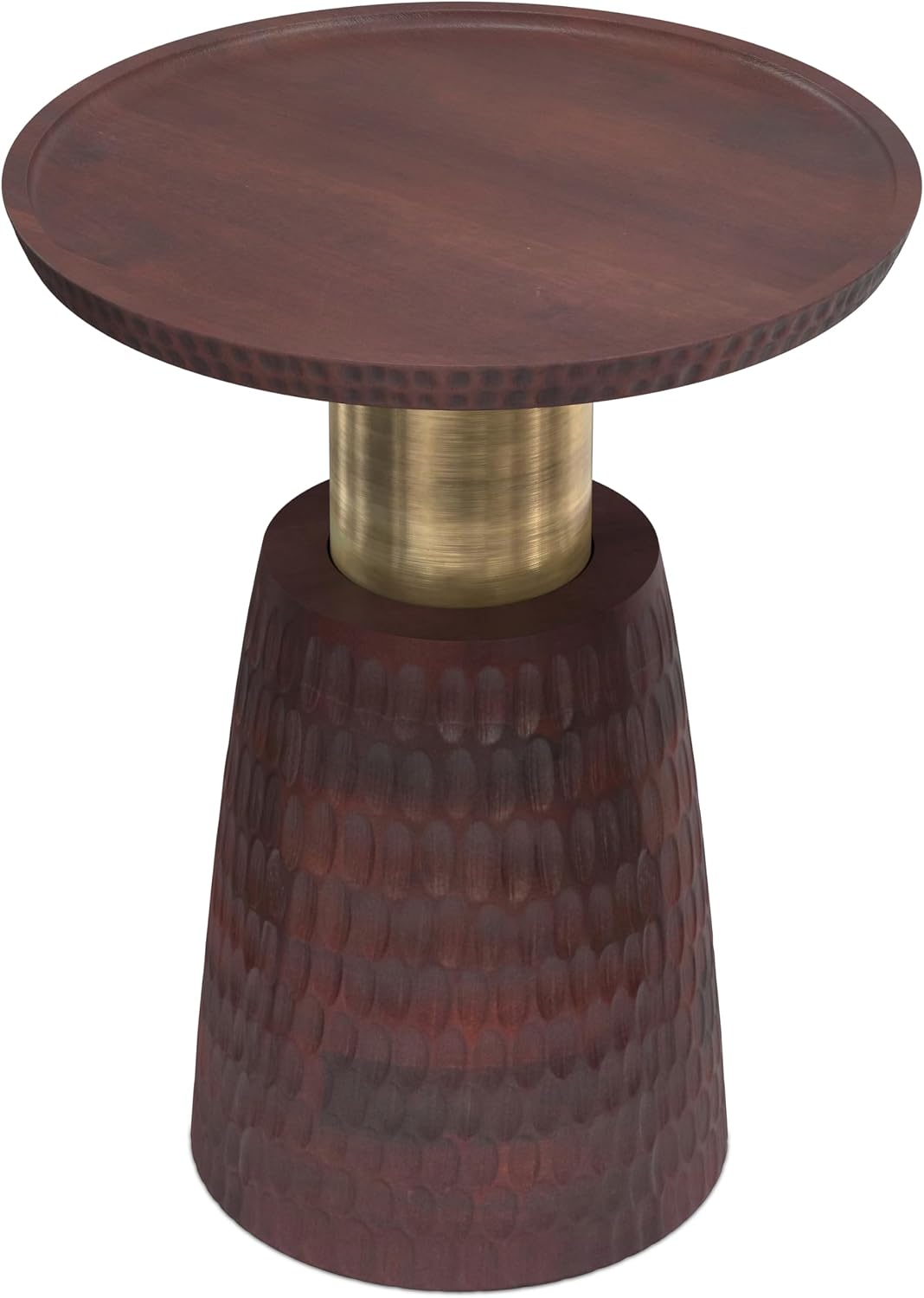 SIMPLIHOME Breanna End Table - 16 inch Wide Solid Mango Wood and Metal Round Accent Table with Textured Base in Walnut Brown and Antique Gold, Contemporary Nightstand for Living Room or Bedroom