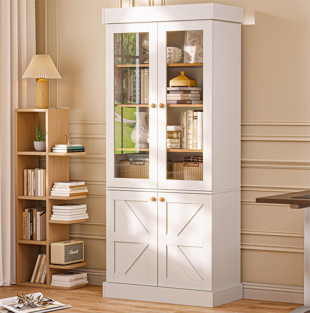 ivaniti 71" Tall Kitchen Pantry Cabinet, Rustic Farmhouse Storage Hutch with Glass Doors & Adjustable Shelves, Freestanding Wood Buffet Cabinet for Dining Room, Living Room, White