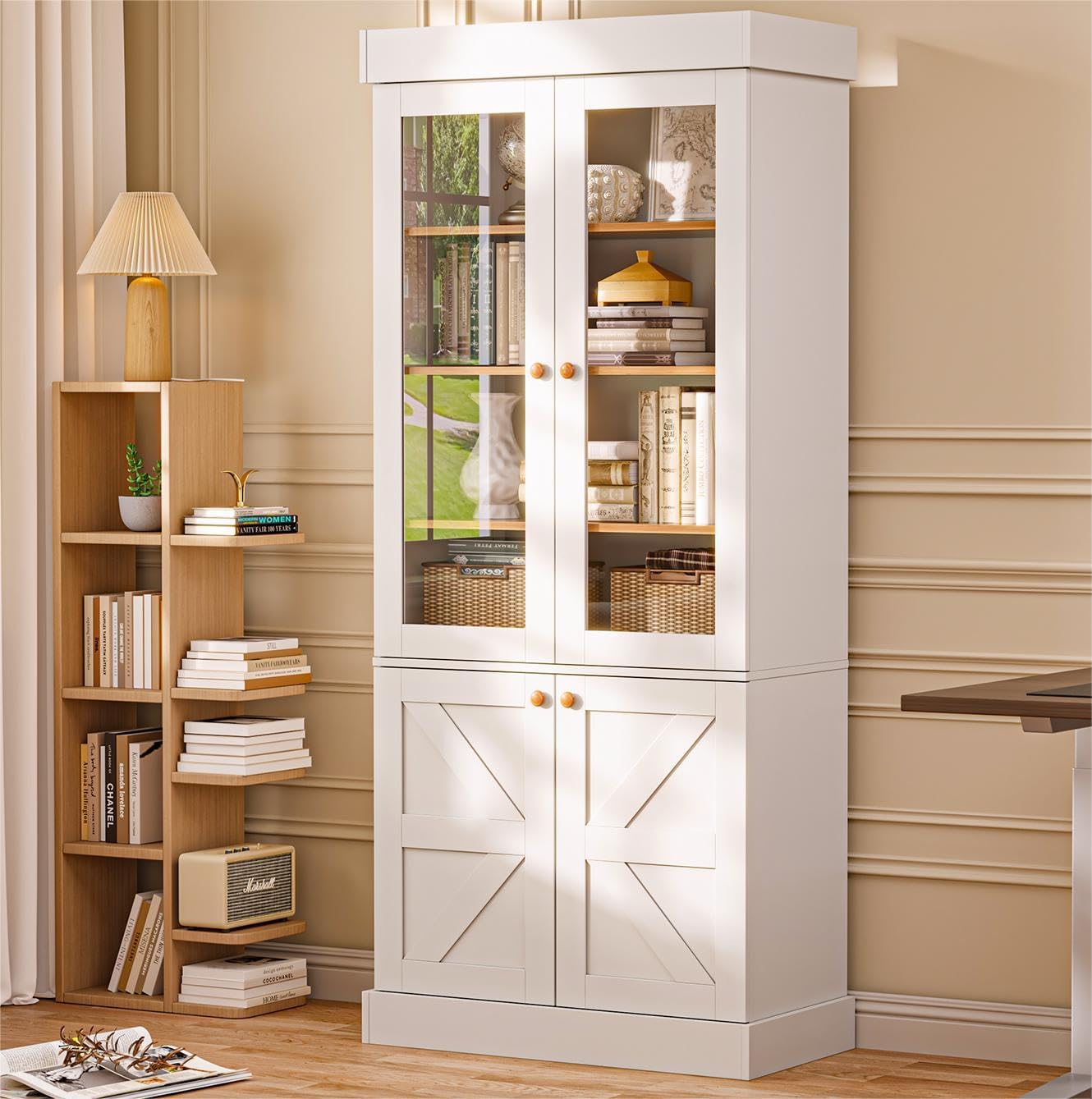 ivaniti 71" Tall Kitchen Pantry Cabinet, Rustic Farmhouse Storage Hutch with Glass Doors & Adjustable Shelves, Freestanding Wood Buffet Cabinet for Dining Room, Living Room, White