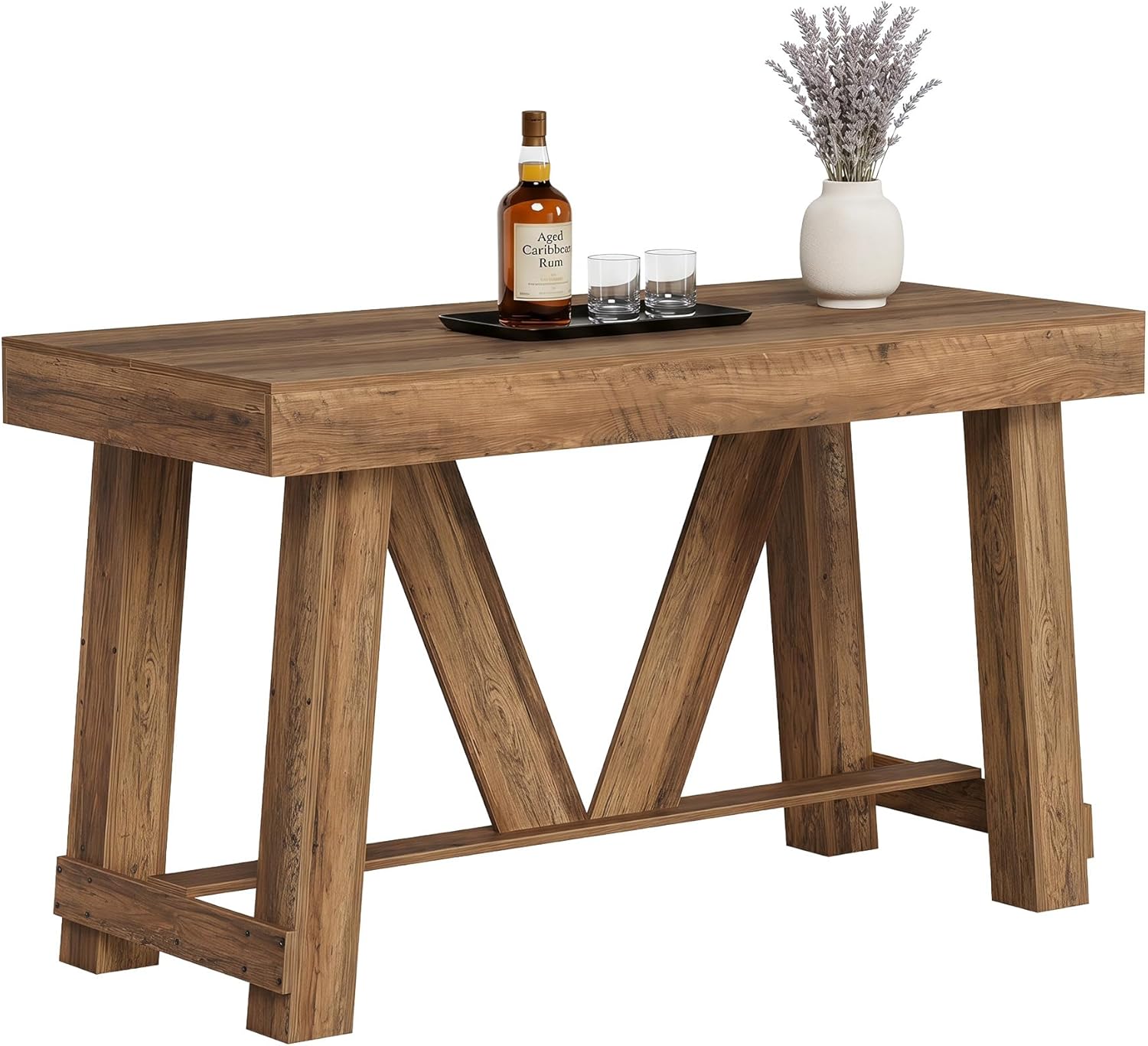 LITTLE TREE Bar Table, 55'' Long Counter Height Pub Table, Farmhouse Wooden Tall Bistro Tabletop, Rectangular Home Coffee Bar Unit for Dining Room, Kitchen, Living Room, Basement, Rustic Brown