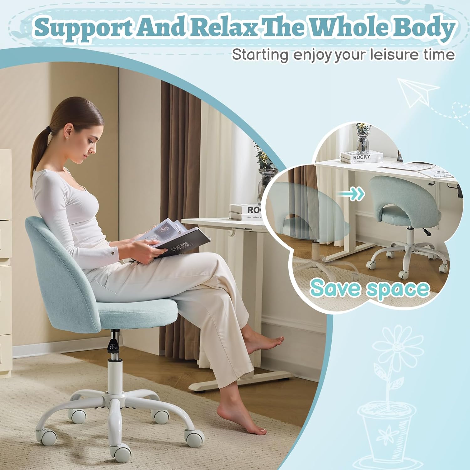 VINGLI Small Vanity Chair with Wheels for Girls.Cute Modern Adjustable Height Armless Office Desk Chair.360°Swivel Comfy Rolling Chair for Study, Make up Room,Small Space,Linen Light Blue
