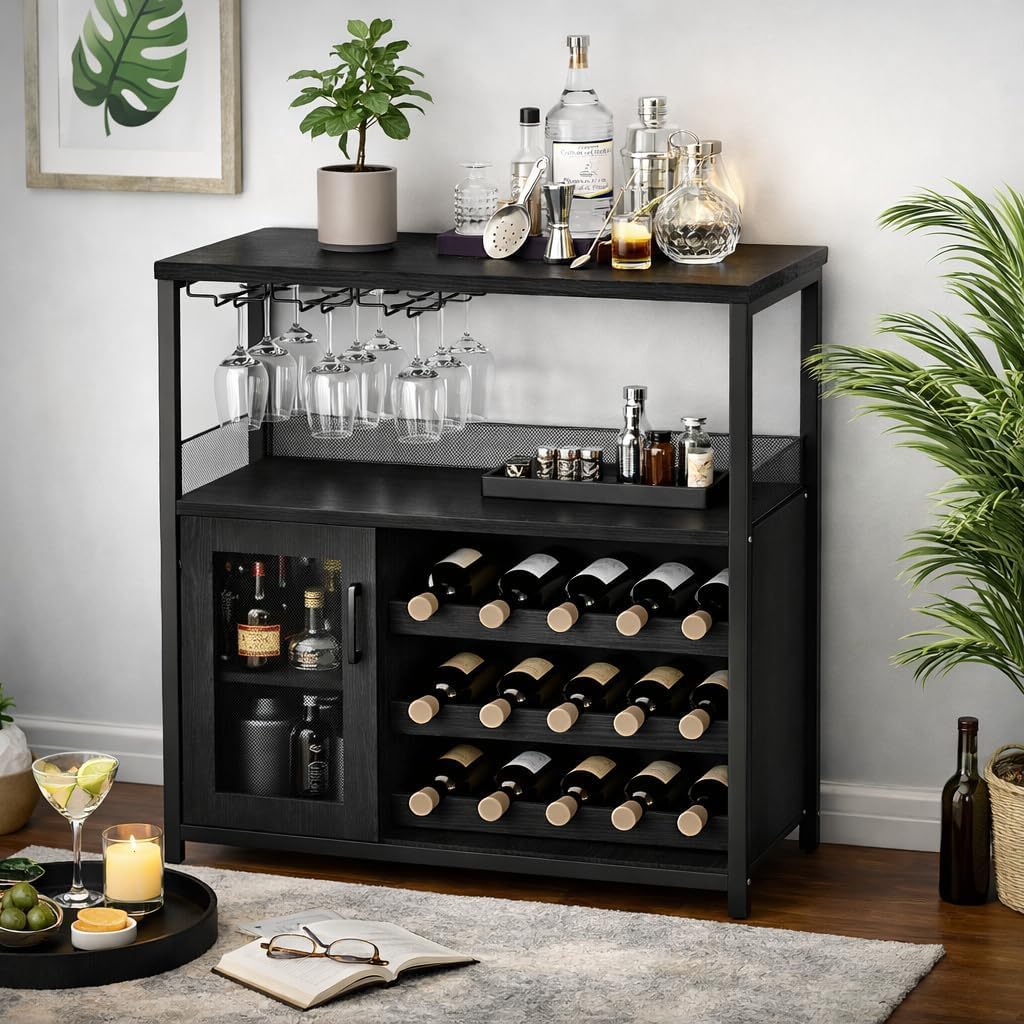 Wine Bar Cabinet with Wine Rack & Glass Holder, Wine Rack Table with Baffle Design, Adjustable Feet & Shelves | Armario de Vino con Repisa para Vinos, Soporte para Copas & Estantes Ajustables -Blk