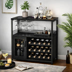 Wine Bar Cabinet with Wine Rack & Glass Holder, Wine Rack Table with Baffle Design, Adjustable Feet & Shelves | Armario de Vino con Repisa para Vinos, Soporte para Copas & Estantes Ajustables -Blk