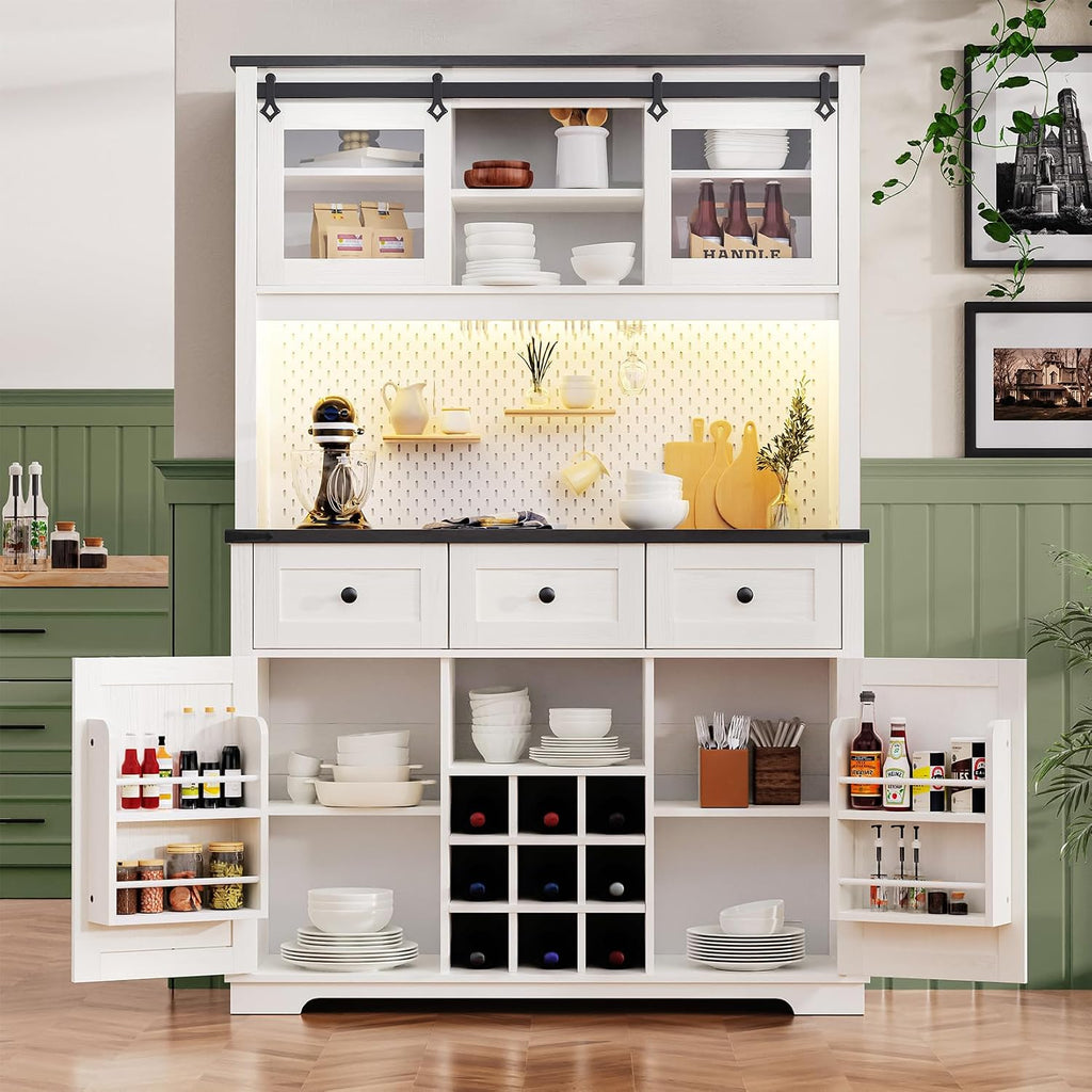 71" Farmhosue Pantry Cabinet with Charging Station, Tall Kitchen Pantry Storage Cabinet with Microwave Stand, Kitchen Hutch with Sliding Door, Pegboard, Wine & 3 Drawers, 47.3 inch