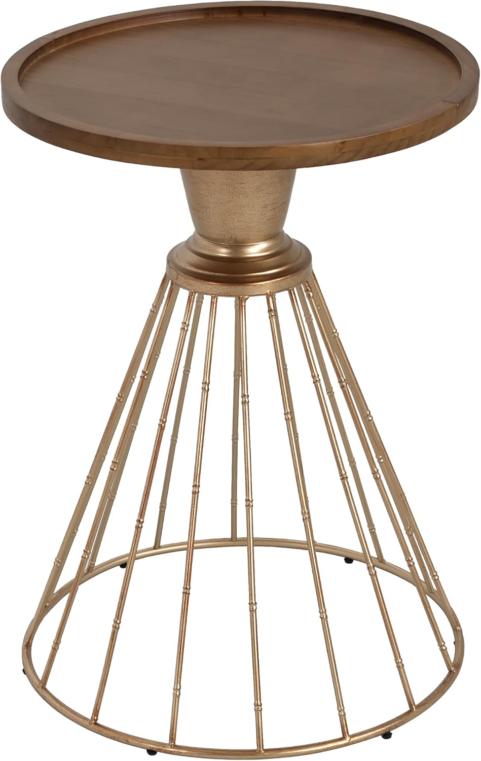 25" Pine Wood & Iron Side Table, End Table with Anti-Slip Concave Top, Small Table with Retro Hollow Design for Indoor Spaces, Antique Gold,Natural