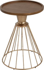 25" Pine Wood & Iron Side Table, End Table with Anti-Slip Concave Top, Small Table with Retro Hollow Design for Indoor Spaces, Antique Gold,Natural