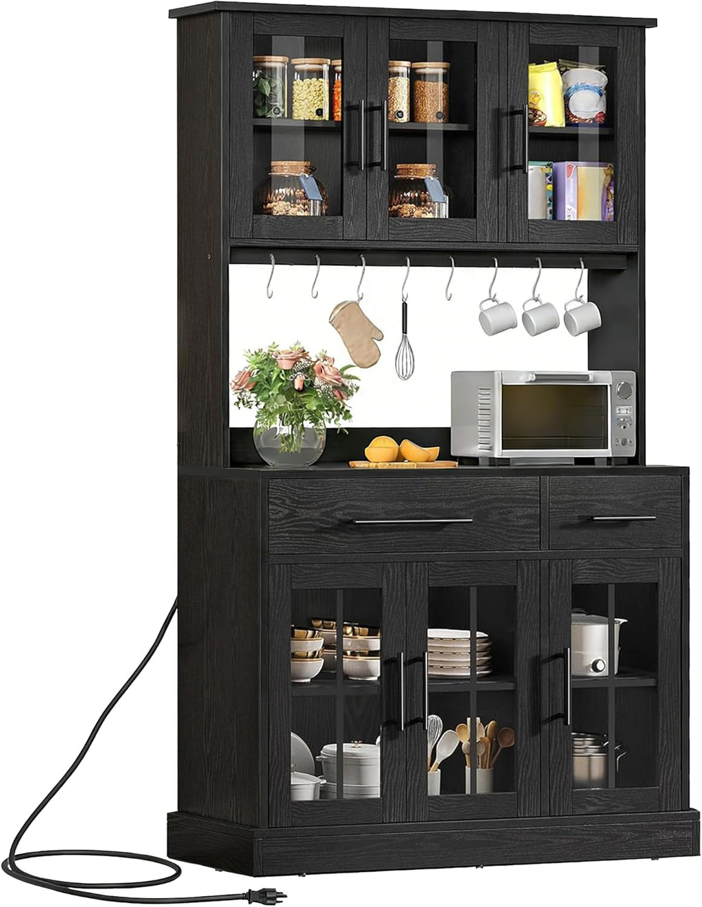 DWVO Kitchen Pantry Storage Cabinet with Microwave Stand, 71'' Tall Kitchen Hutch Cabinets with Power Outlet, Modern Food Pantry Hutch with Drawers ＆ Shelves for Home, Pack of 1, Black