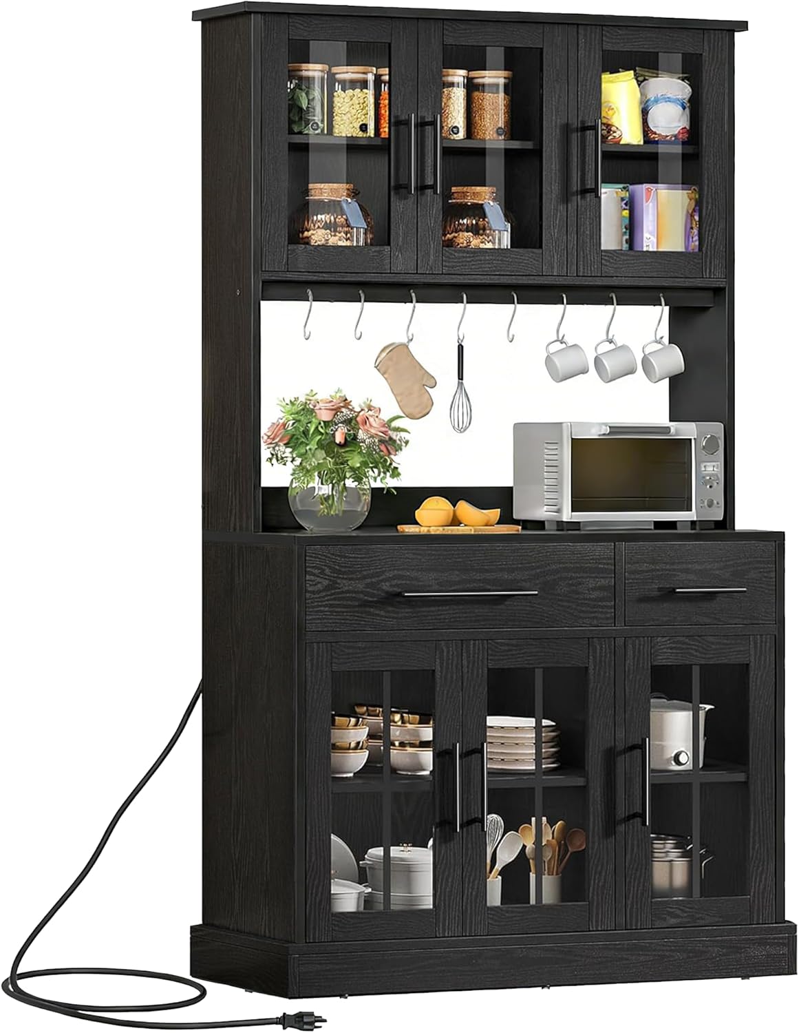 DWVO Kitchen Pantry Storage Cabinet with Microwave Stand, 71'' Tall Kitchen Hutch Cabinets with Power Outlet, Modern Food Pantry Hutch with Drawers ＆ Shelves for Home, Pack of 1, Black