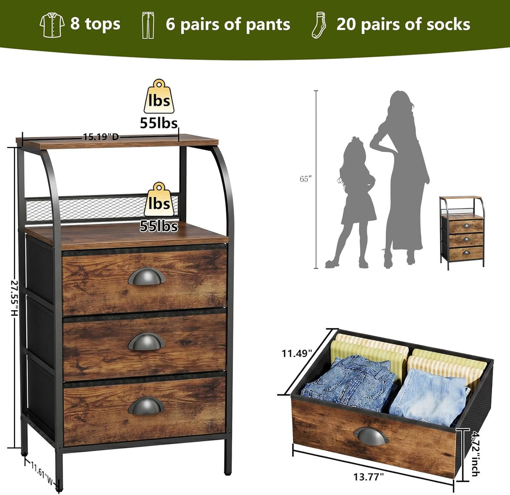 Night Stand Set 2, Tall Nightstand with 3 Fabric Drawers, Bedside Table with 2-Tier Wood Shelf, End Table for Bedroom, Steel Frame, Wood Top, Rustic Brown