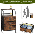 Night Stand Set 2, Tall Nightstand with 3 Fabric Drawers, Bedside Table with 2-Tier Wood Shelf, End Table for Bedroom, Steel Frame, Wood Top, Rustic Brown