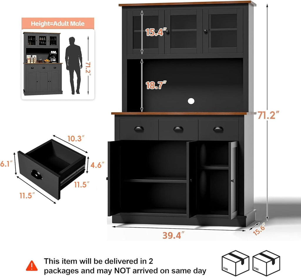 MU 71" Kitchen Pantry Cabinet with Charging Station, Tall Pantry Hutch with Drawers, Countertop & Microwave Shelf, Food Storage Cabinet for Dining Room & Coffee Bar, Black