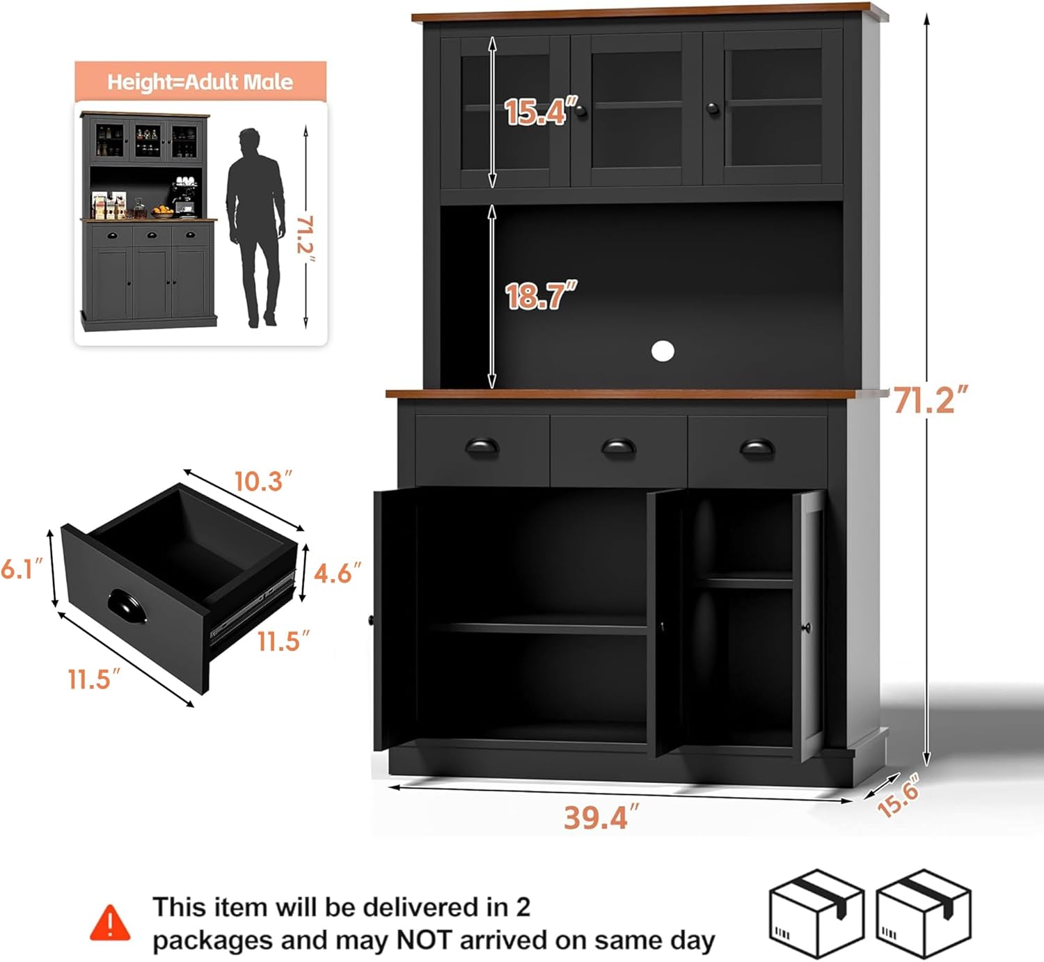 MU 71" Kitchen Pantry Cabinet with Charging Station, Tall Pantry Hutch with Drawers, Countertop & Microwave Shelf, Food Storage Cabinet for Dining Room & Coffee Bar, Black