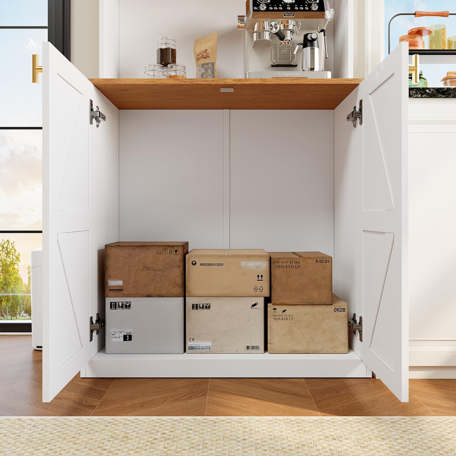 Farmhouse Kitchen Pantry Cabinet Set of 2, 71-Inch Tall Storage Cabinet with Glass Doors, Coffee Bar Hutch with Microwave Stand and Adjustable Shelves for Kitchen, Dining Room, Living Room, White