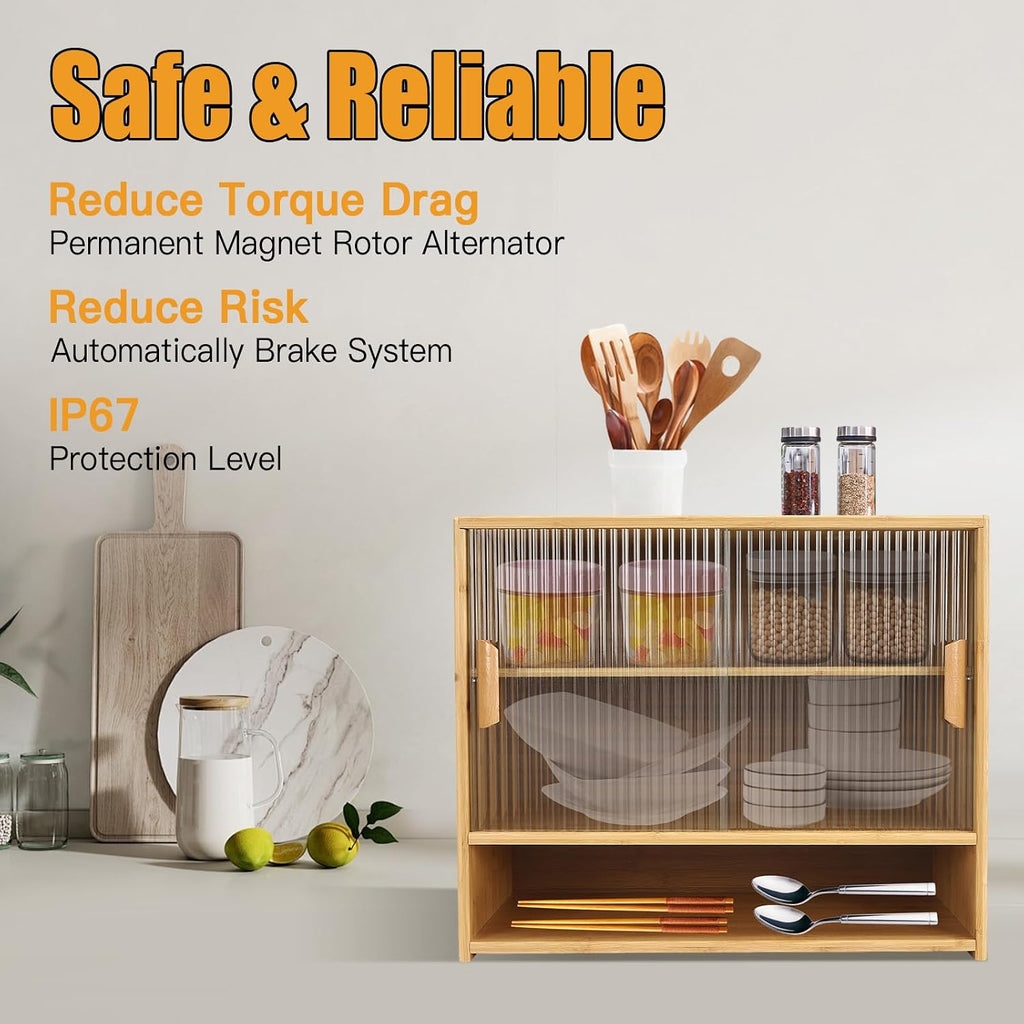Small Bamboo Kitchen Pantry Sideboard, 3Tiers Freestanding Countertop Storage Cabinet with 2 Acrylic Doors Black Storage Shelf, Sliding Pantry Cabinet for Home Bar, Coffee Bar (Log-Colored)
