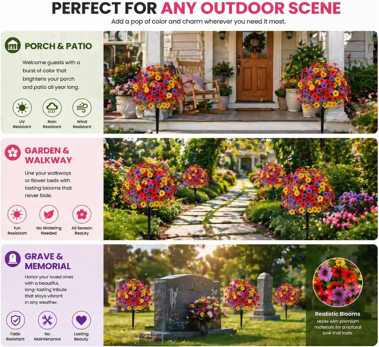 Outdoor Artificial Flowers Fake Plants, Artificial Topiary Balls with Ground Spikes, UV Resistant, Mix 4 Colors, 2 Pack, 20 inch, Garden Porch Patio Gravesite Indoor Decor