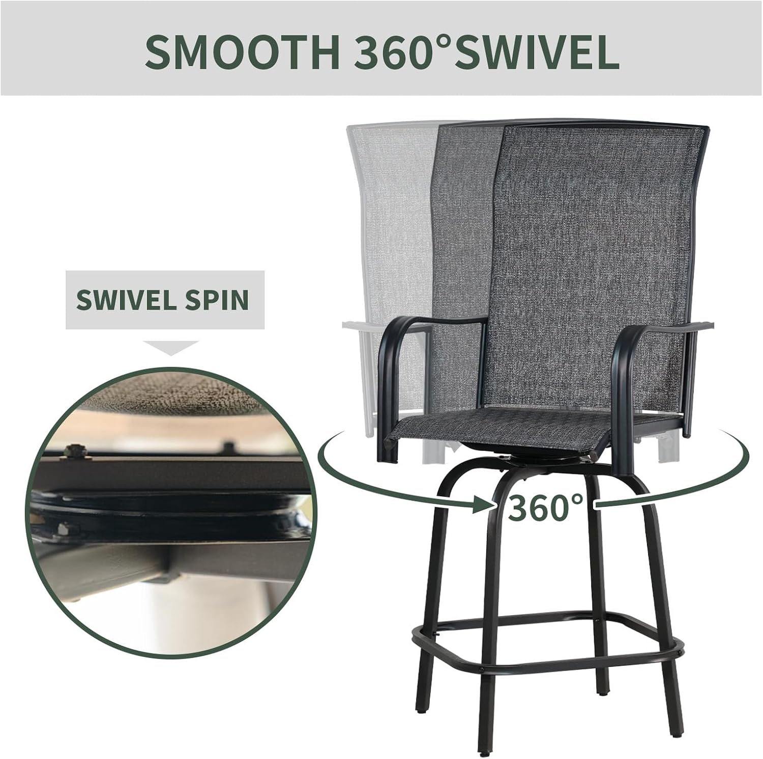 SHGJ&SOFT Outdoor Swivel Patio Bar Stools Set of 2, Bar Height Chairs, Rotating Patio Bar Stools, High Top Patio Chairs Durable Textilence Fabric for Outside,Lawn,Garden,Balcony (Dark Gray, Set of 2)