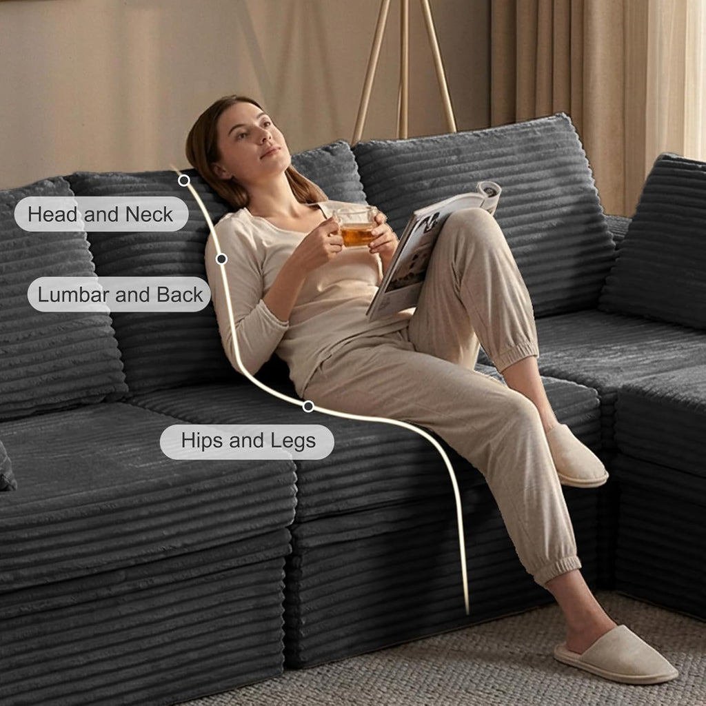 107'' Modular Sectional Sofa, Deep Seat Boneless Couch with Storage | Oversized High-Back for Living Room & RV | With Ottoman | High Density Foam & Corduroy | Tool-Free Assembly | Cozy Dark Gray