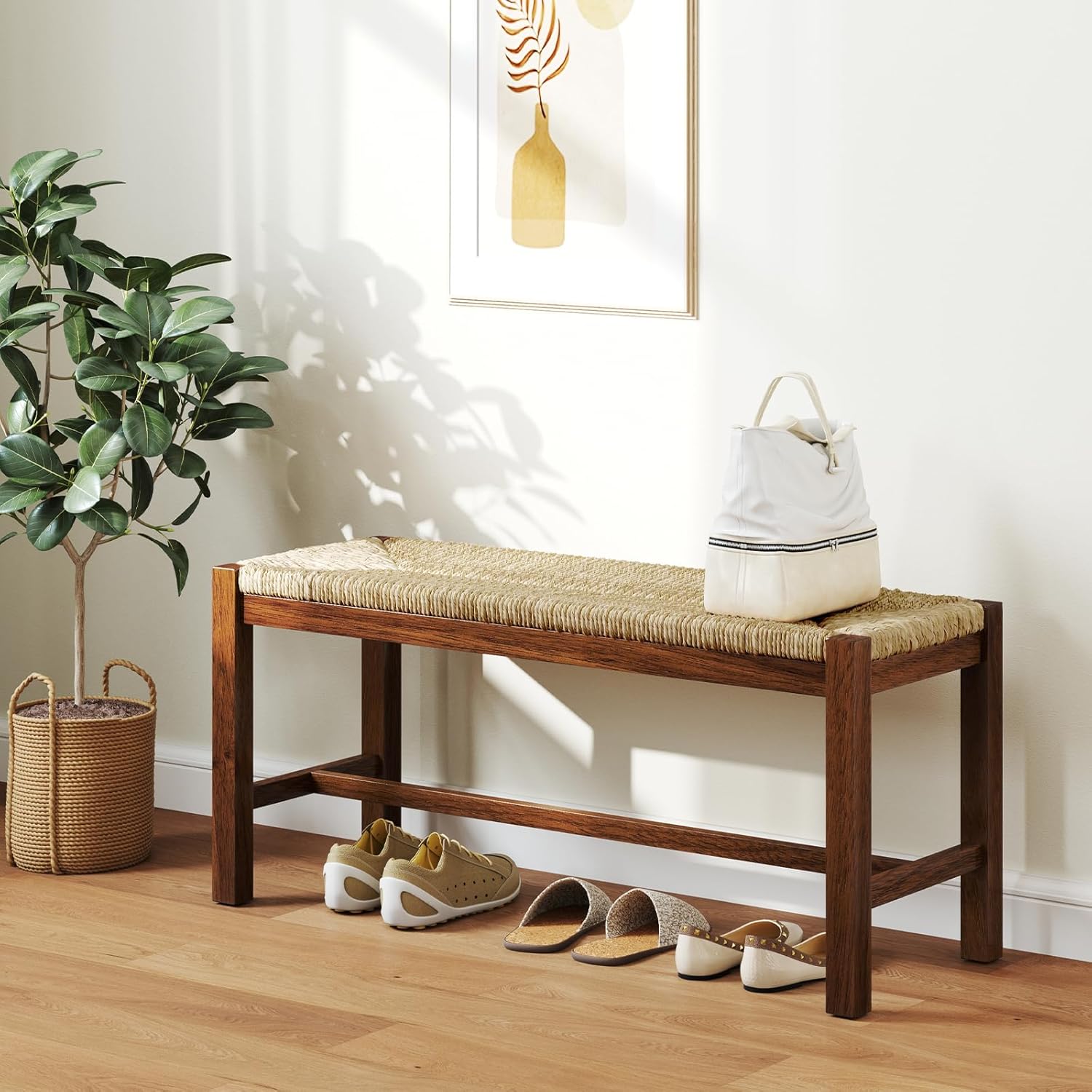 Giantex 40" Dining Bench with Woven Seagrass Woven Seat, Rubber Wood Legs, 350 Lbs Capacity, 40" x 14" x 18" Entryway Bench for End of Bed, Dining Room, Hallway, Living Room, Bedroom, Entry (1)