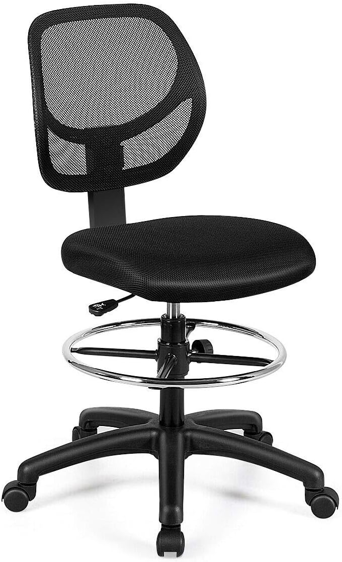 DORTALA Mesh Drafting Chair, St&ing Desk Chair w/Footrest Ring, Adjustable Height Chair Mid Back Tall Office Chair for Home Office, Black