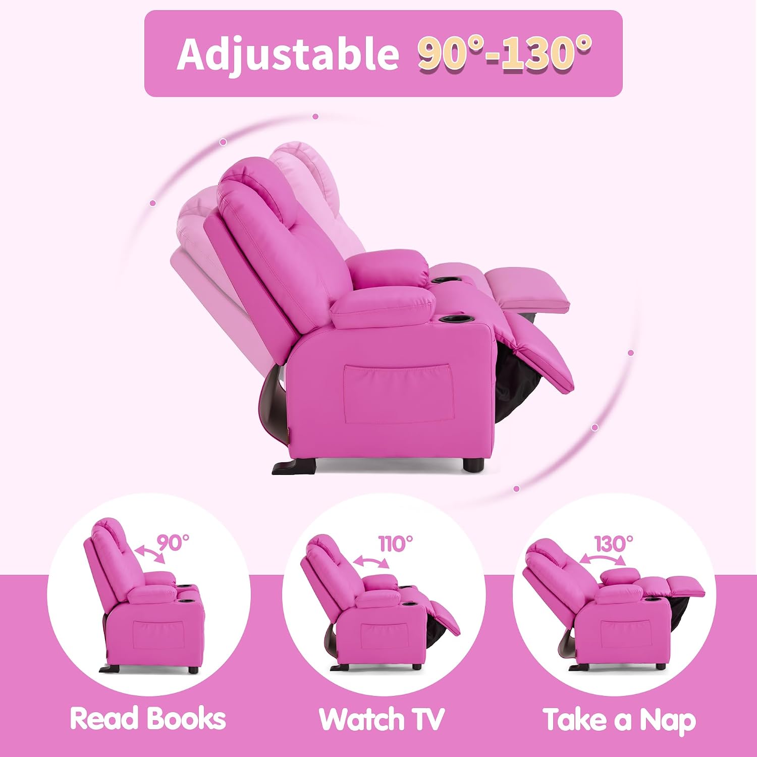 MCombo Big Kids Recliner for Ages 3+, Child Reclining Chair, Toddlers Recliner Sofa with Cup Holders (Faux Leather, Pink)