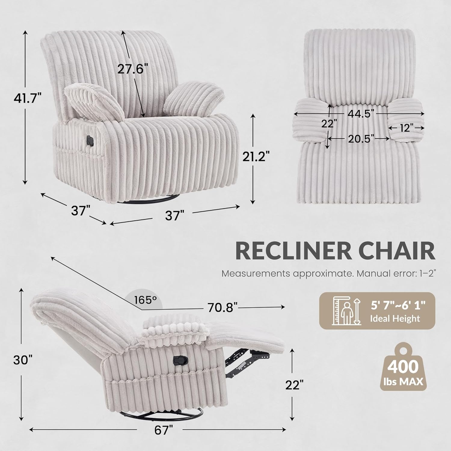 Swivel Rocking Recliner Chair, Comfy Corduroy Nursing Chair | Adjust Armrest, Big and Tall