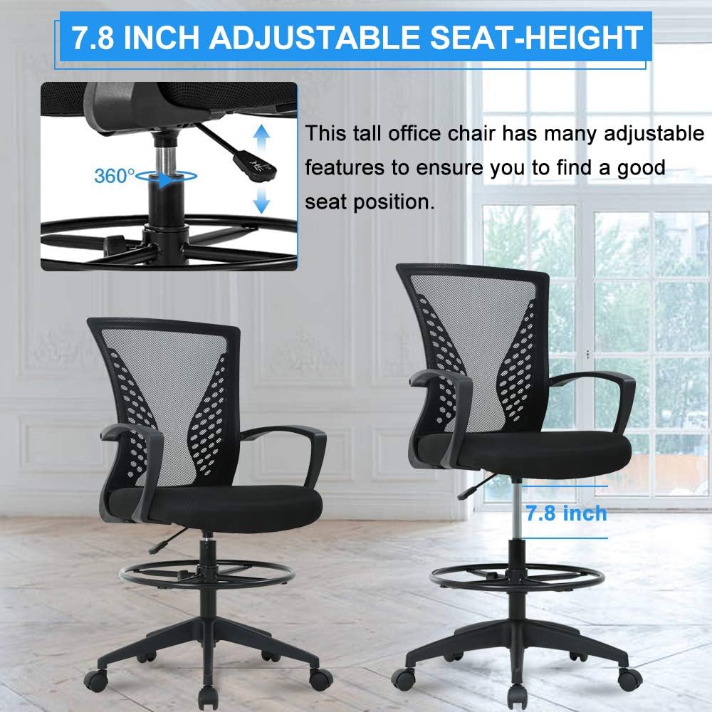 Drafting Chair Tall Office Chair Ergonomic Desk Chair Massage Mid Back Mesh Computer Executive Chair with Lumbar Support & Foot Ring Height Adjustable Rolling Swivel Drafting Stool for Standing Desk