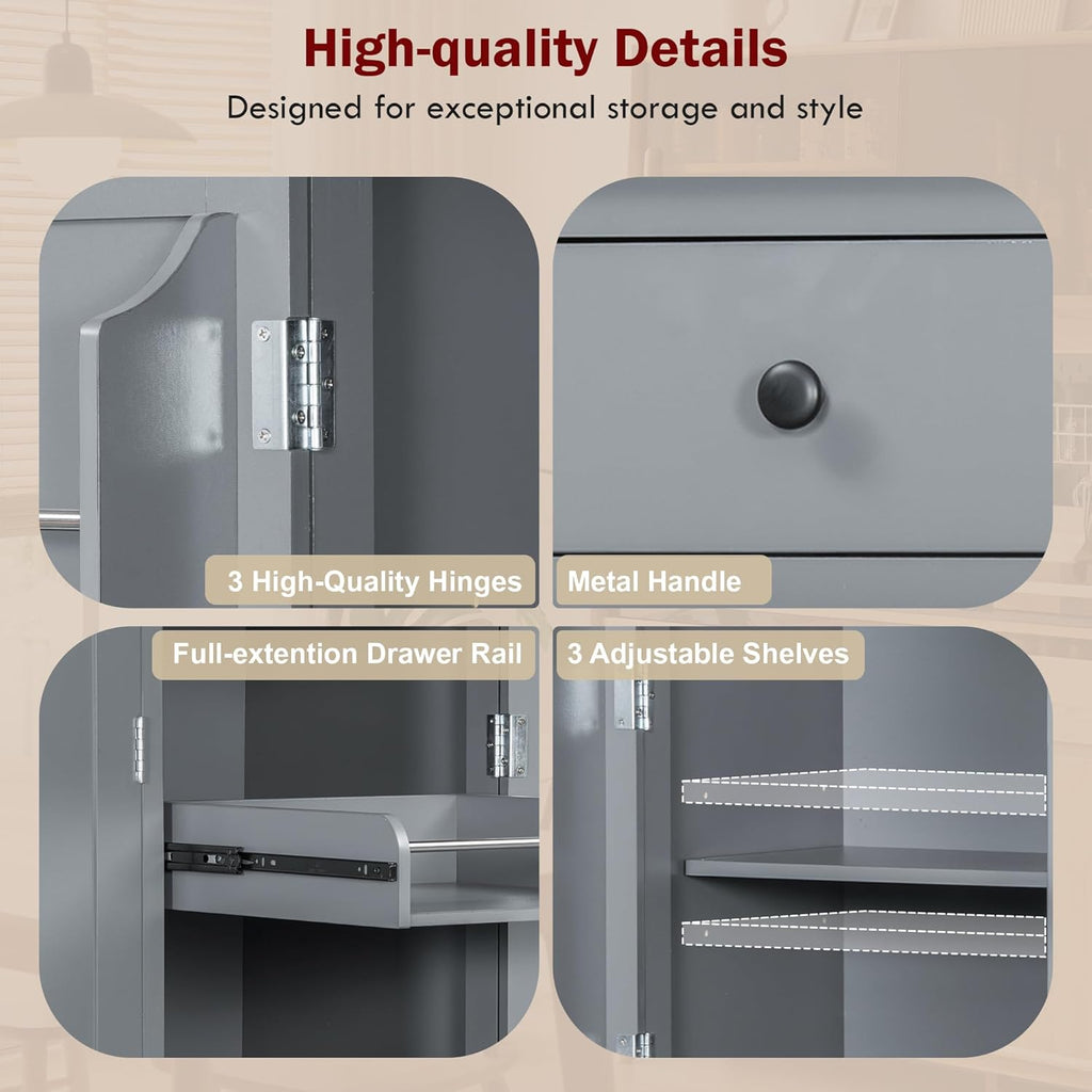 Harper & Bright Designs Kitchen Pantry Storage Cabinet with Door Shelves, Adjustable Shelves, Pull-Out Trays and Drawers, Freestanding Cupboard for Kitchen, Dining Room, Living Room,Grey
