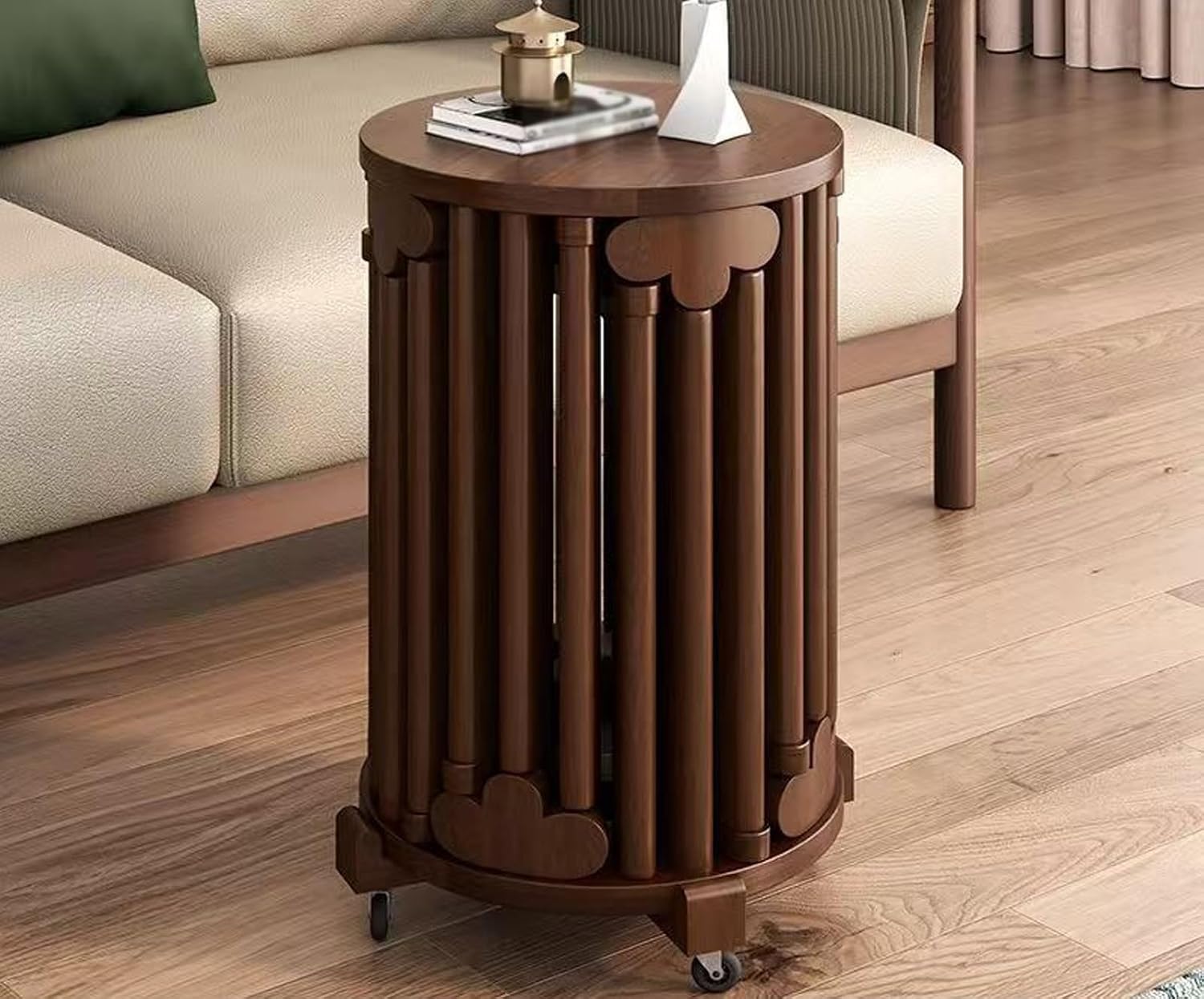 Stackable Stools Set of 6, Round Wooden Nesting Stools with Locking Casters, 360°Swivel Versatile Side Table for Living Room, Office, Classroom(Cherry)