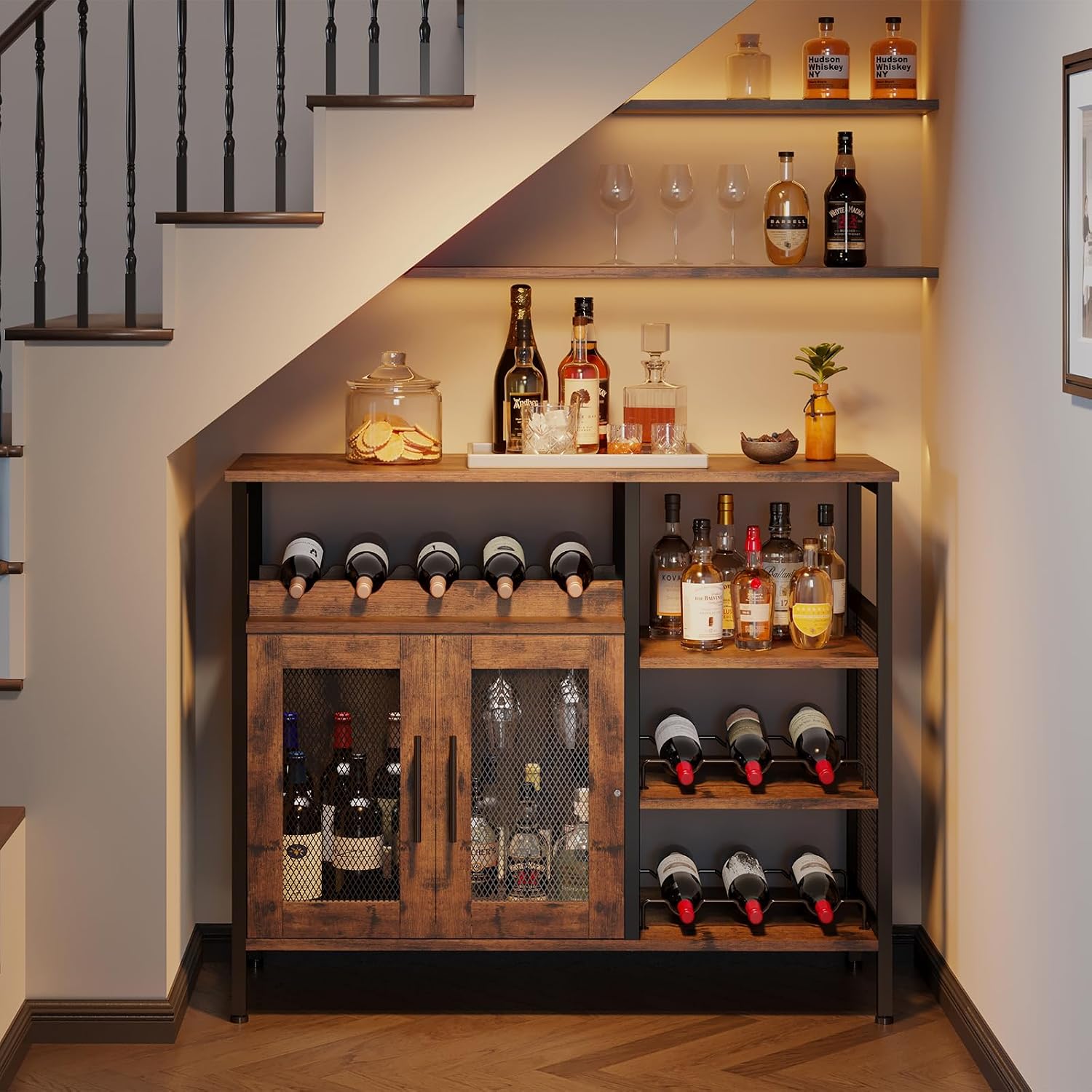 X-cosrack Wine Bar Rack Cabinet with Detachable Wine Rack, Coffee Bar Cabinet with Glass Holder, Small Sideboard and Buffet Cabinet with Mesh Door, Rustic Brown, Large