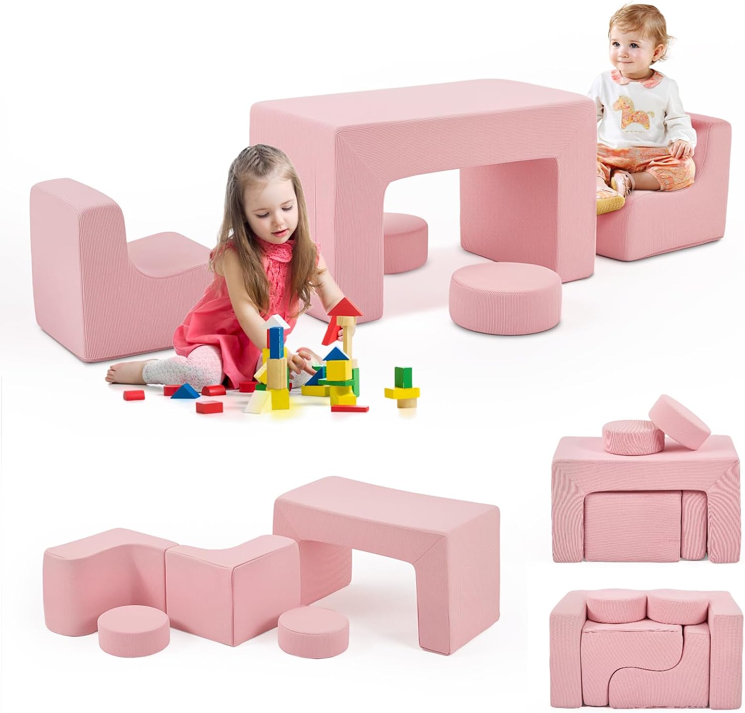 JOYMOR Modular Kids Play Couch, 6PCS Convertible Corduroy Foam Sofa Set, DIY Building Fort for Toddlers, Soft Kids Furniture for Playroom, Bedroom, Gift for Boys & Girls, Pink | Soft Sponge