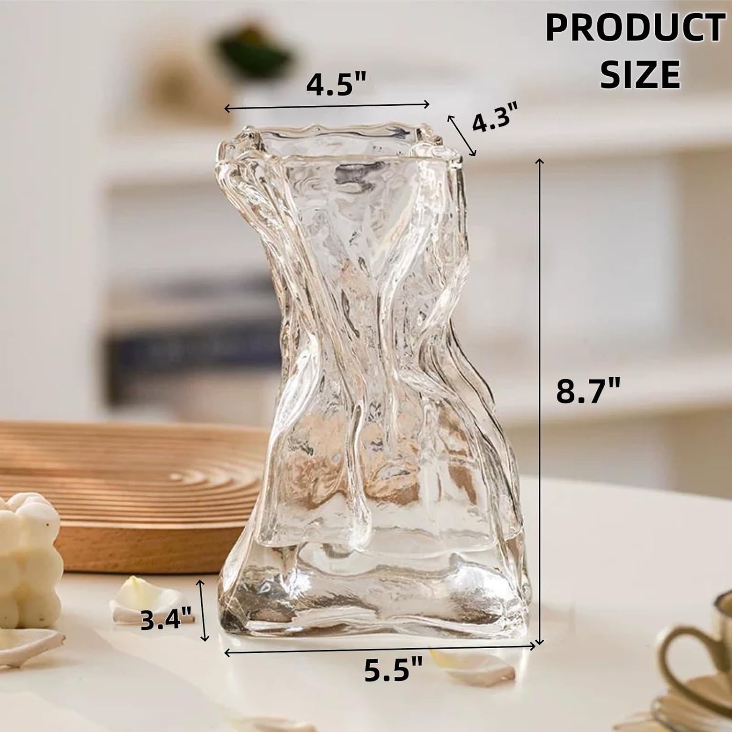 Covzoe Glass Vase, 8.7 Inch Tall Irregular Shaped Flower Vase with Hemp Rope, Clear Art Decorative Vases for Table Centerpiece, Modern Bouquet Vases for Home Office Wedding Housewarming Gift
