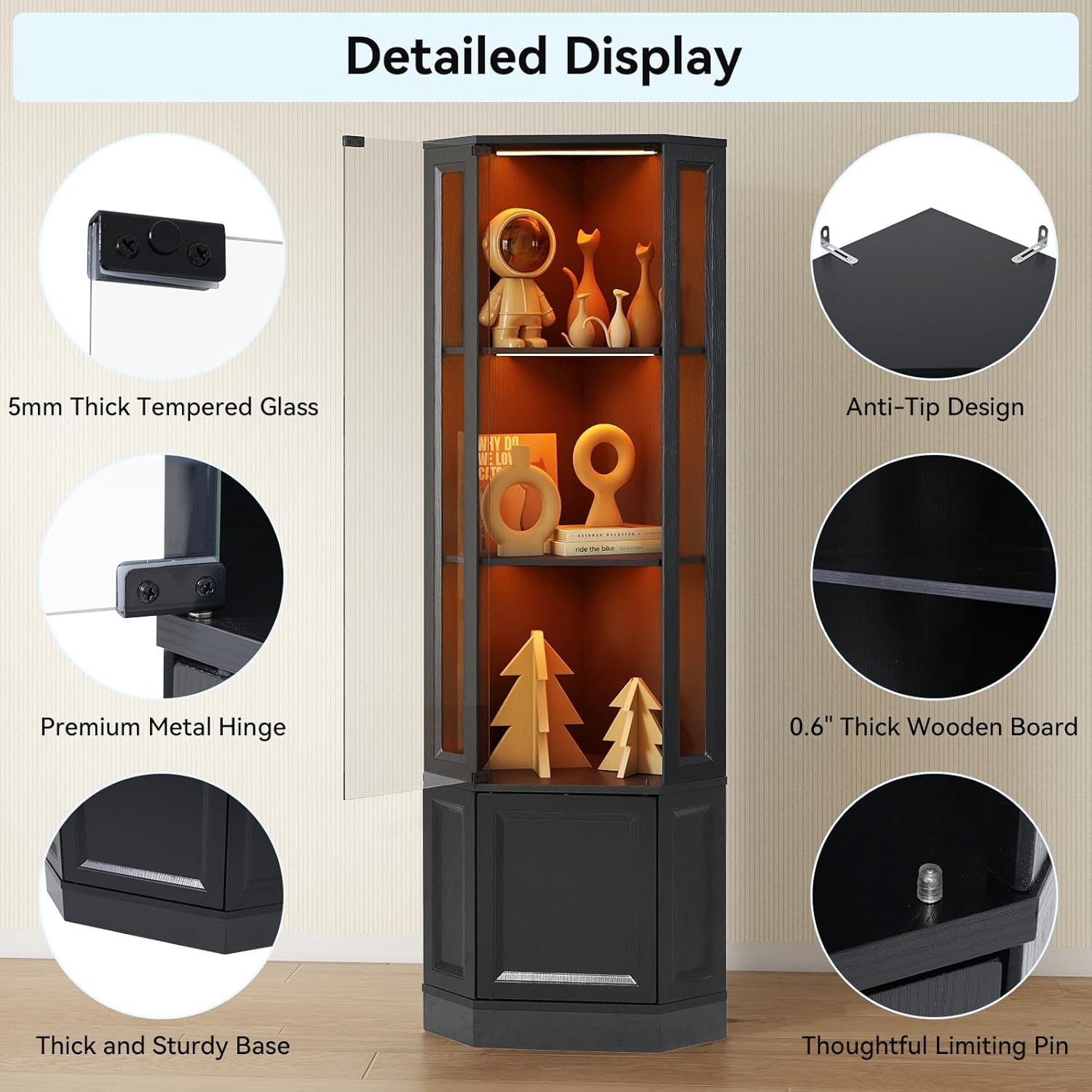 Verano Garden Corner Display Cabinet with Glass Doors, 65" Curio Cabinet w/Multi-Color LED Lights, 4-Tier Lighted Storage Display Case for Collectibles, Showcase Cabinet for Living/Game Room (Black)
