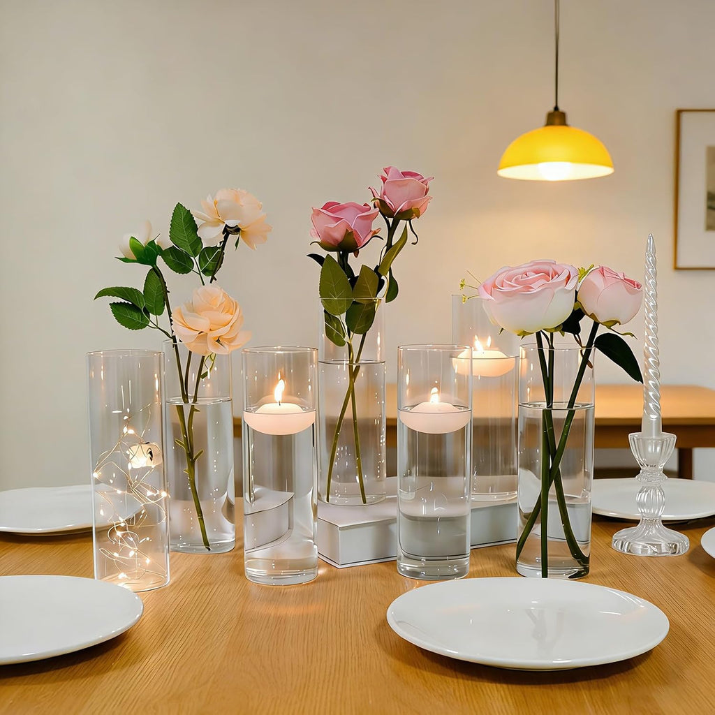 16 Pack Glass Cylinder Bud Vases for Centerpieces, 7.8” H x 2.5” W Clear Flower Vases Bulk, Floating Candle Holder for Wedding Party Home Decor