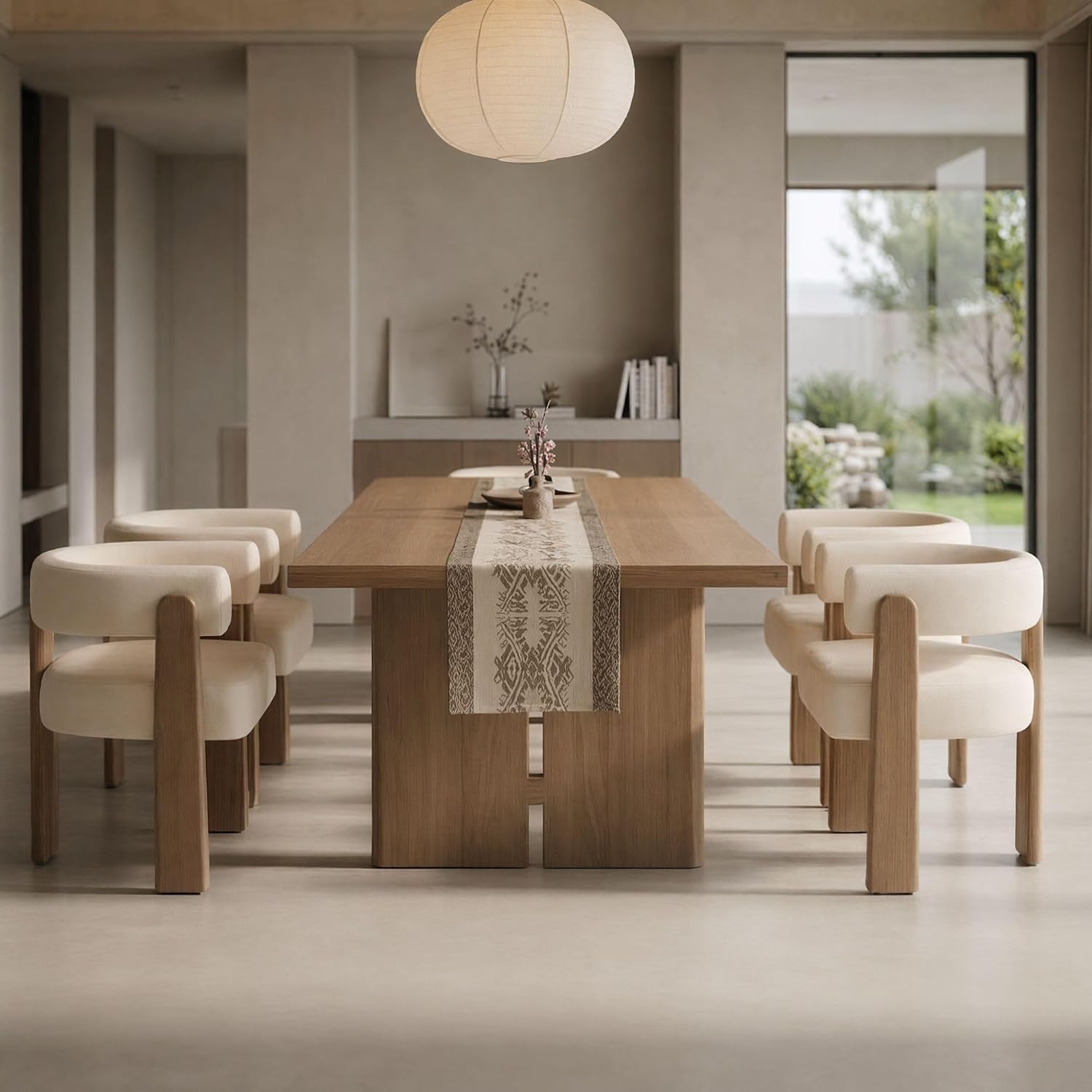 Hyfirm Set of 6 Modern Boho Barrel Dining Chairs with Wood Legs, White Upholstered Accent Armchairs with Thick Padded Cushion for Kitchen, Minimalist Natural Chic Chairs for Living Room