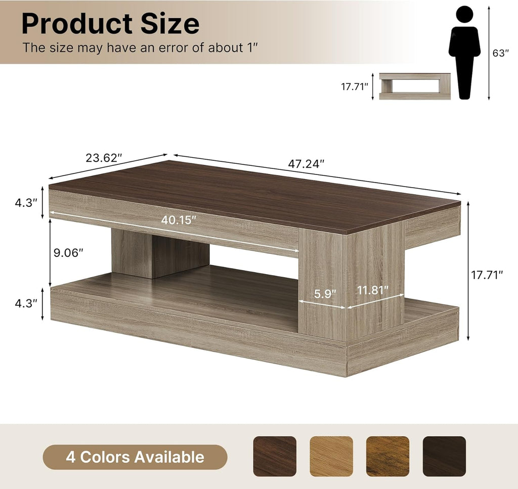 Miereirl Farmhouse Coffee Table with Storage Shelf, 2-Tier Wood Rustic Center Table with LED Light, 47” Rectangular Tea Tables for Living Room, Apartment, Office,Walnut &Light Ash White