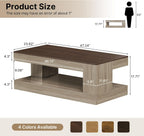 Miereirl Farmhouse Coffee Table with Storage Shelf, 2-Tier Wood Rustic Center Table with LED Light, 47” Rectangular Tea Tables for Living Room, Apartment, Office,Walnut &Light Ash White