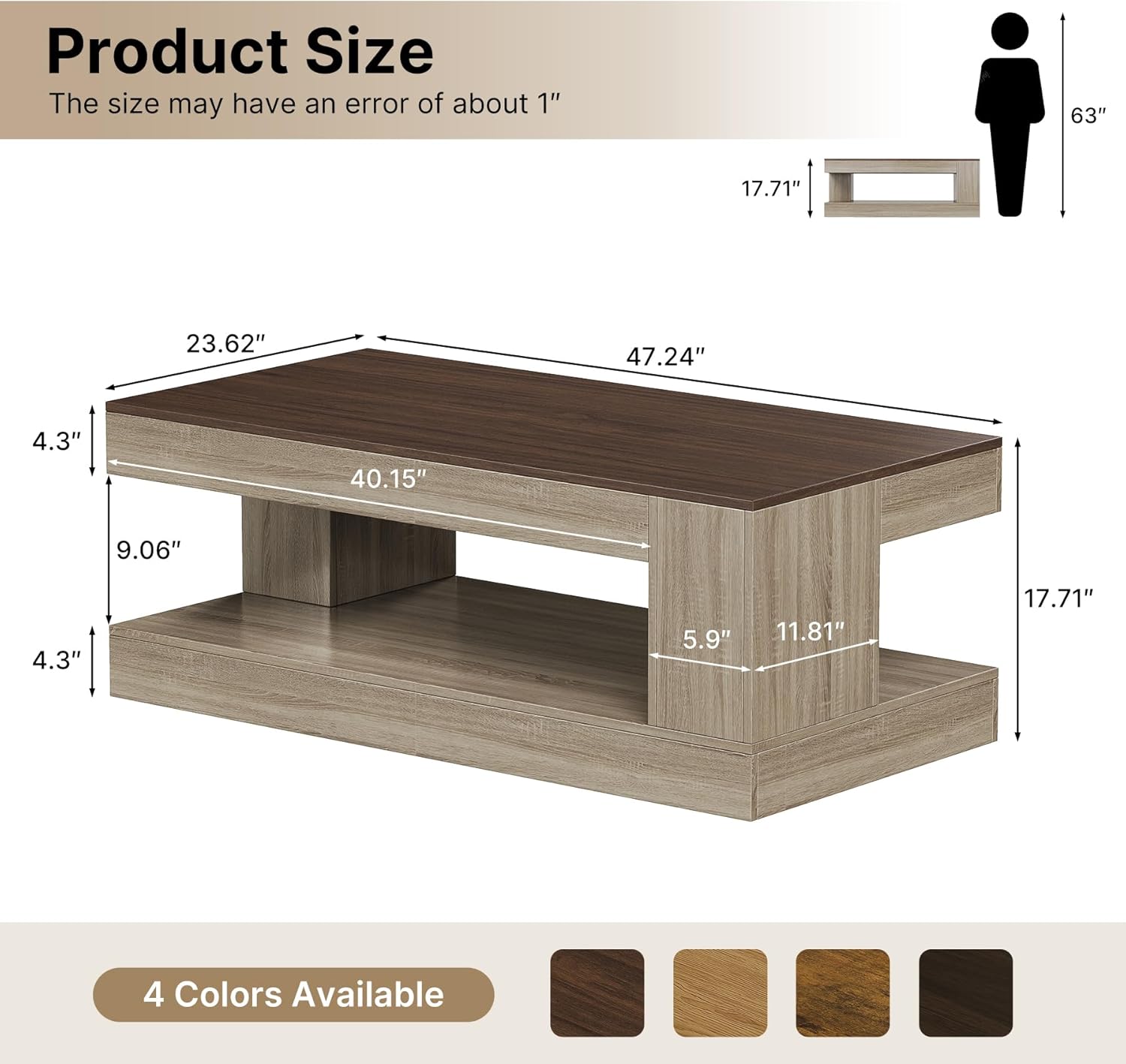 Miereirl Farmhouse Coffee Table with Storage Shelf, 2-Tier Wood Rustic Center Table with LED Light, 47” Rectangular Tea Tables for Living Room, Apartment, Office,Walnut &Light Ash White