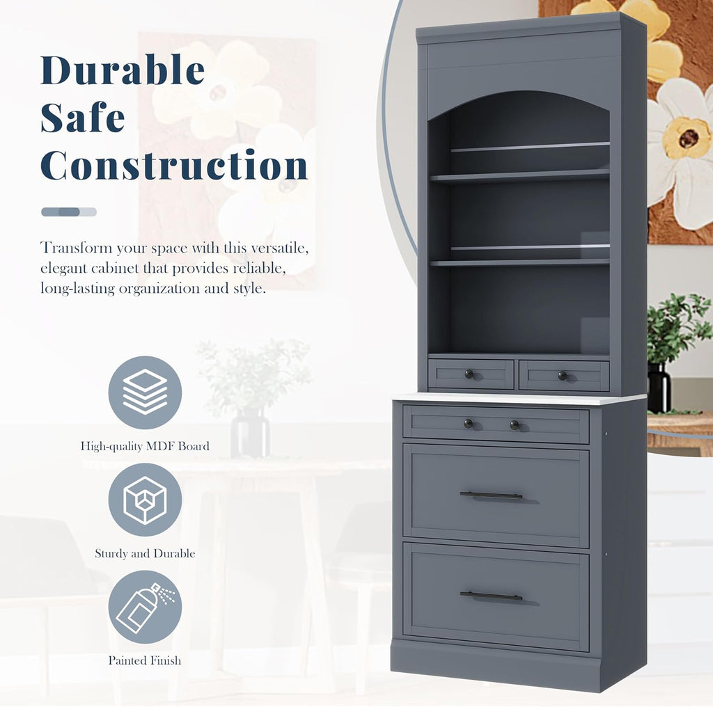 LUMISOL 83.7” Kitchen Pantry, Freestanding Tall Kitchen Hutch with Faux Marble Top, Cupboard Cabinet with 5 Drawers and Adjustable Shelf, Storage Cabinet for Kitchen Dining Room, Set of 2, Gray