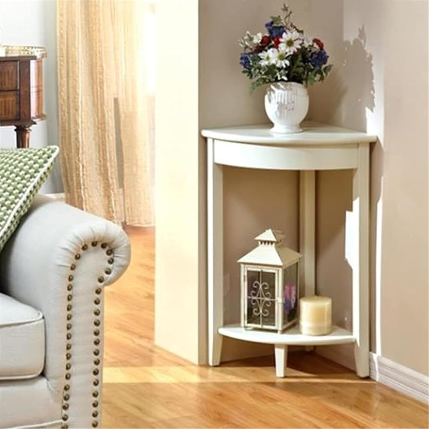 Corner Tables Compact Triangle Solid Wood Side Table Corner Shelf Unit with 2 Shelves Sofa Accent Table for Small Space Little Corner Space Saver(White)