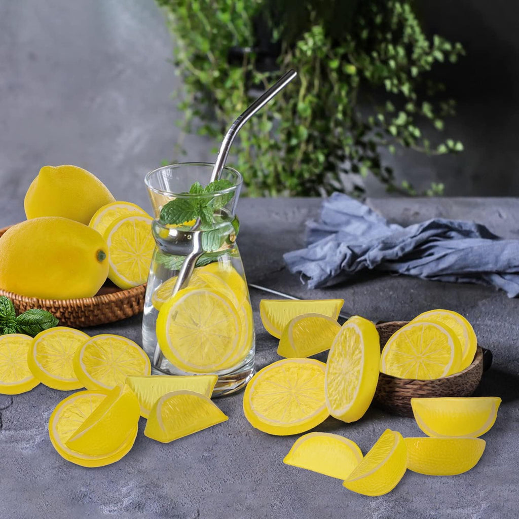 Woration 20 Pack Simulation Lemon & Slices Blocks Set, Artificial Plastic Lemon Slice Lifelike Fake Lemon Decor Fake Fruit for Wedding Photography Prop Party Display
