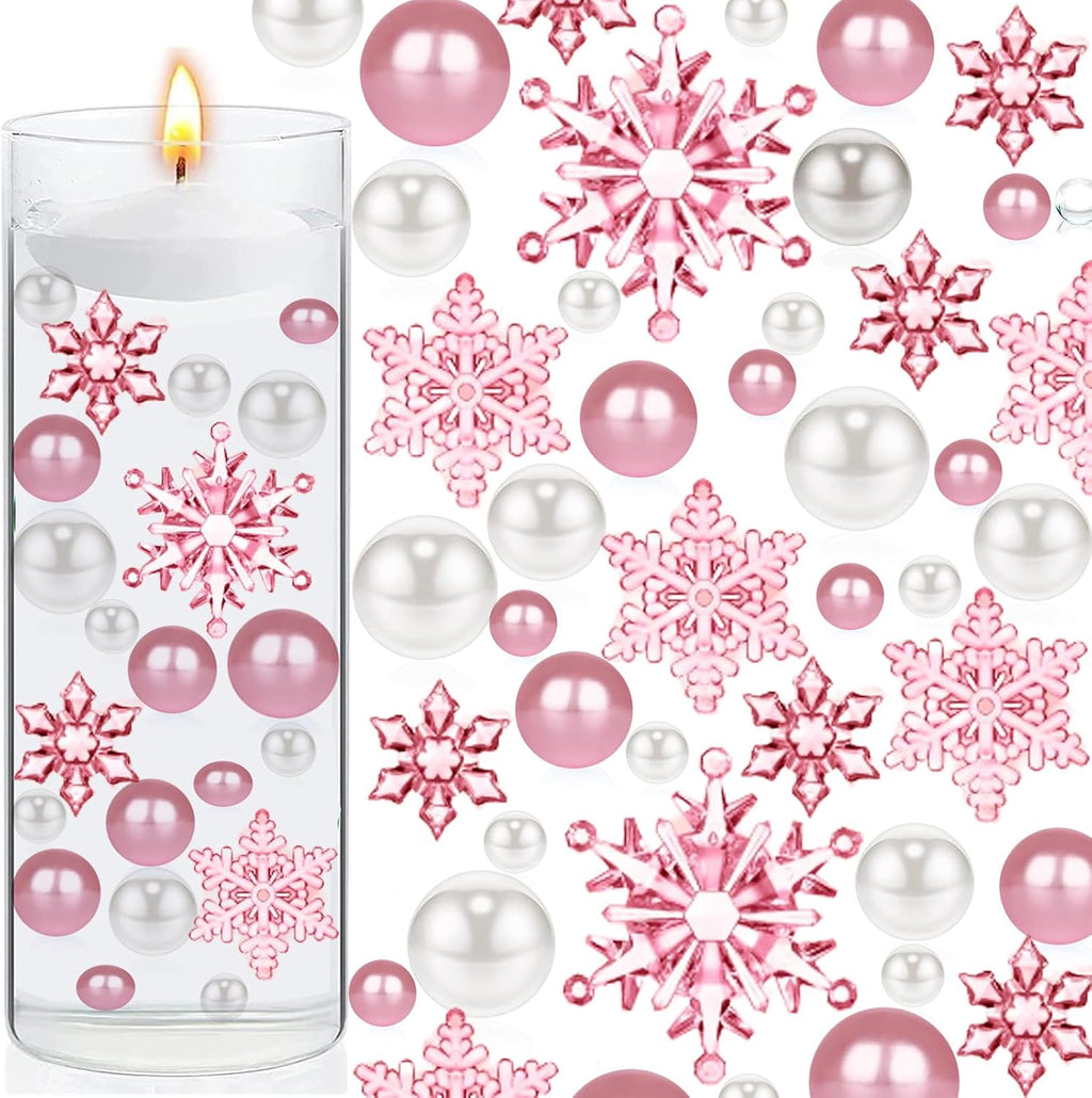 102 Pieces Christmas Vases Filler Decorations for Faux Pink Snowflakes Beads Party Garland for Vases Filler Wedding Centerpiece Christmas Party Decor
