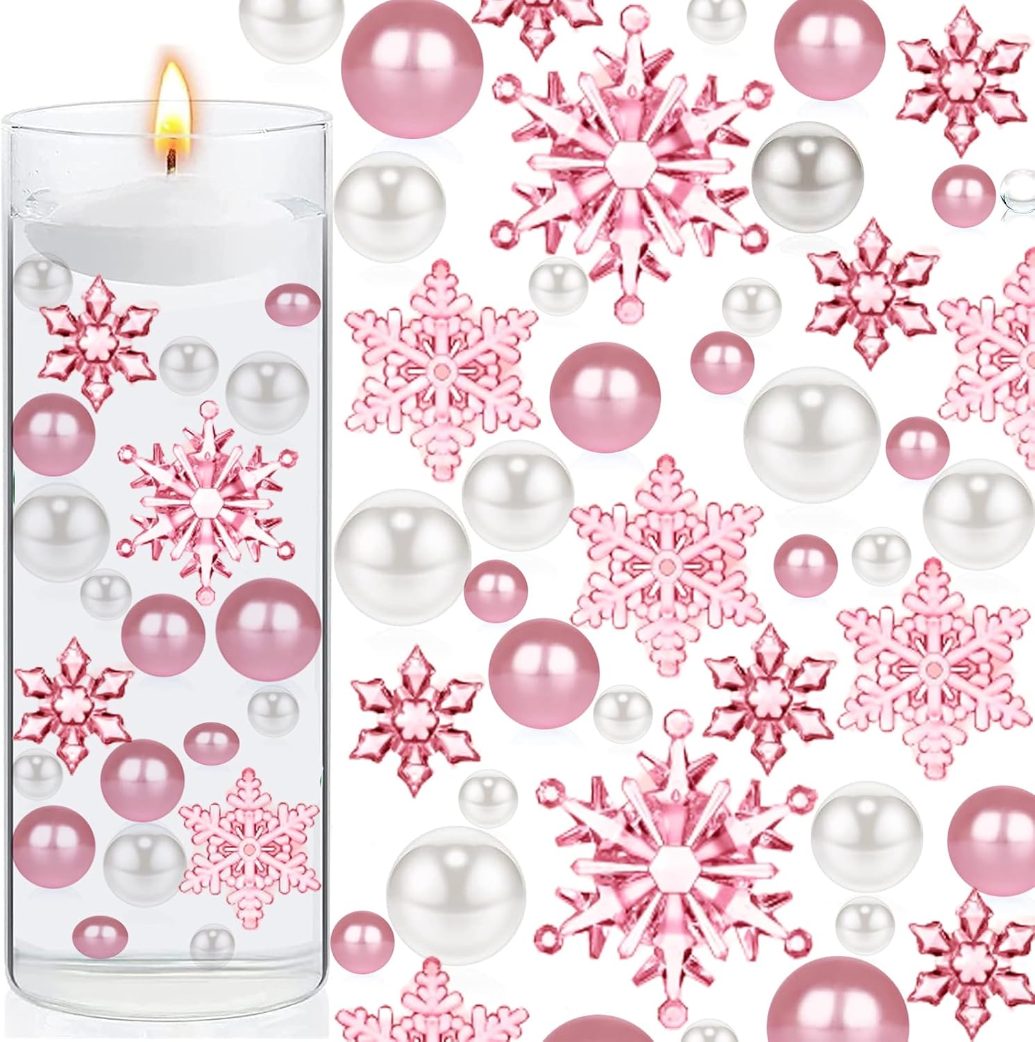 102 Pieces Christmas Vases Filler Decorations for Faux Pink Snowflakes Beads Party Garland for Vases Filler Wedding Centerpiece Christmas Party Decor