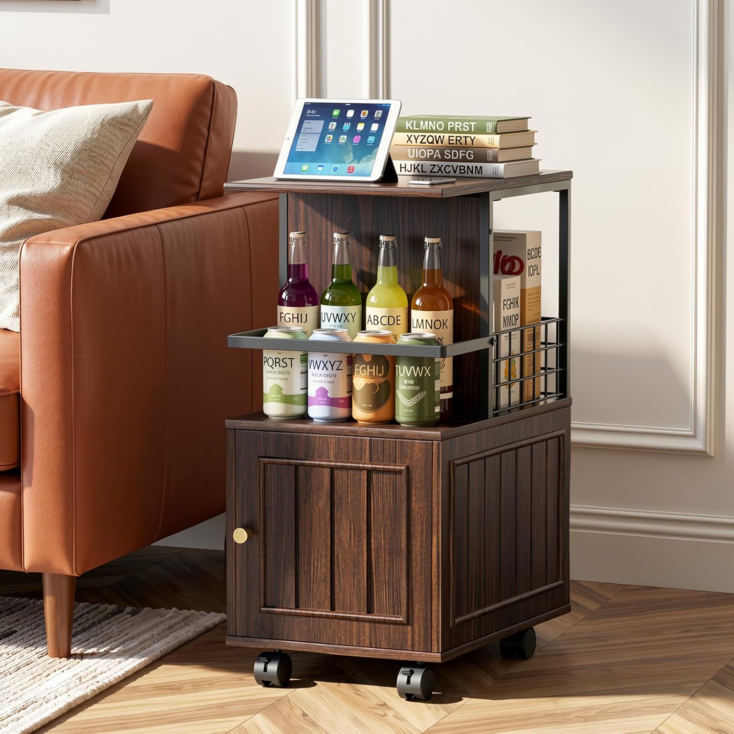 Narrow End Table with Storage Cabinet, Small Side Table with Open Storage Areas, Slim Sofa Side Table for Living Room, Nightstand for Small Spaces, Walnut