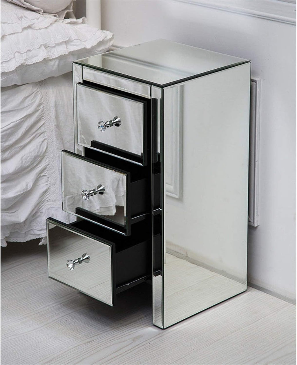 3 Drawer Mirrored Nightstand, Silver Glass Bedside Table with Crystal Knobs, Fully Assembled End Table for Bedroom, Living Room, Glam Accent Furniture, 11.8" x 11.8" x 23.6"